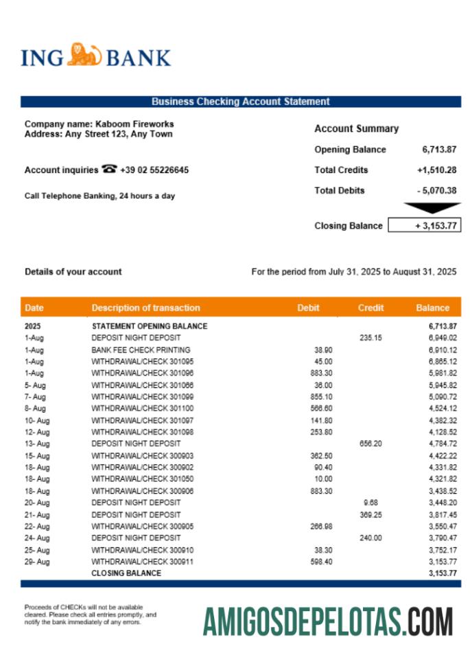 Em branco Italiano ING Bank Enterprise modelo de extrato de conta Word e PDF